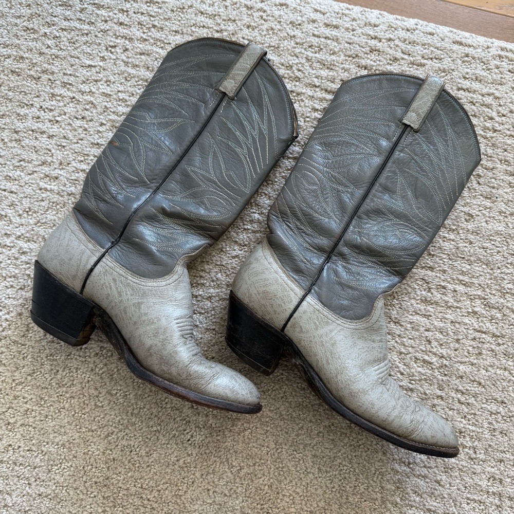 VTG Dan Post Gray Antelope Leather Cowboy Boots Men 8 EXOTIC 70s 80s